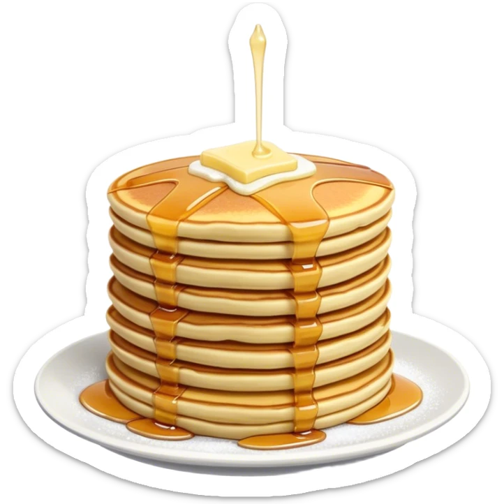 Cinematic fluffy golden pancakes, stacked high, drizzled with maple syrup, topped with fresh butter melting on top, light dusting of powdered sugar, warm and inviting, soft glow and mouthwatering. sticker