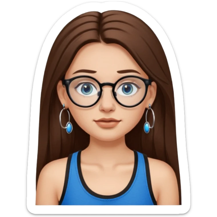 White girl with long brown hair, part going more to the RIGHT side, BLUE eyes, wearing BLACK plastic frame glasses. SEPTUM nose piercing hoop (at bottom of nose) AND stud nose piercing on right side of nose. Wearing BLACK tank top. Wearing big hoop earrings. No necklace! sticker