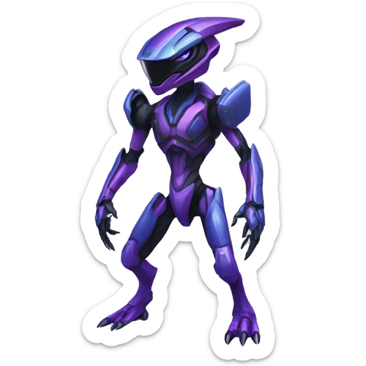 a black-blue-purple Genesect-Raptor-Fakémon—hybrid with a futuristic visor-helmet full body sticker