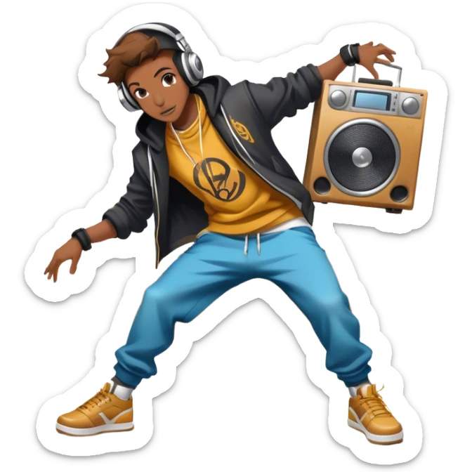 Icon for Street Dance: a dancer in urban streetwear performing a dynamic lower breakdance move, with a spray-painted background, headphones, and a boombox on the asphalt. The icon should capture the energy, style, and creativity of street dance culture. Transparent background. sticker