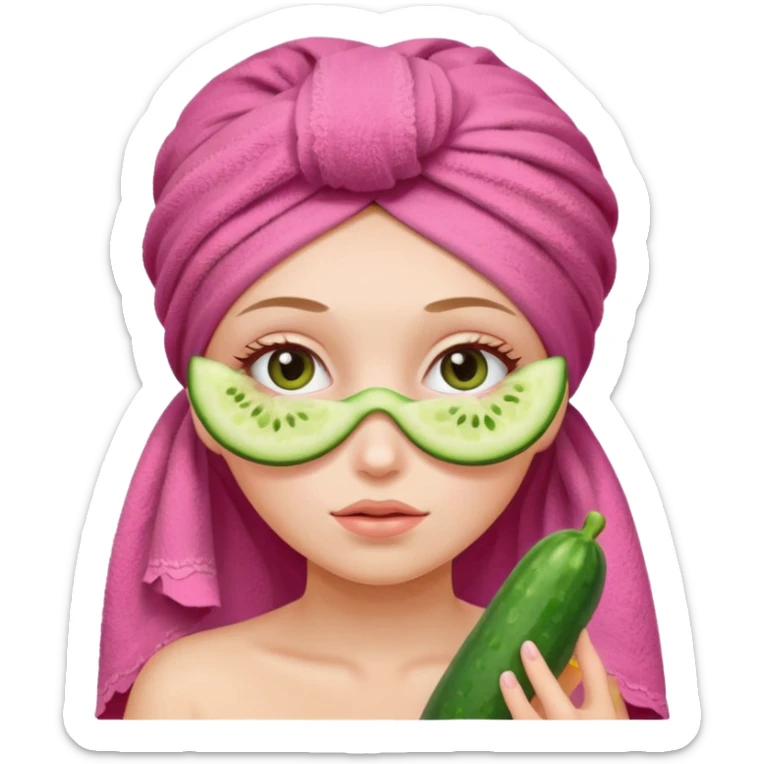 Girl with cucumbers on her eyes and a pink towel on her head sticker