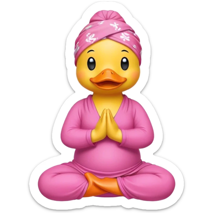 side view of yellow rubber duck with a pink bandana doing yoga while praying sticker