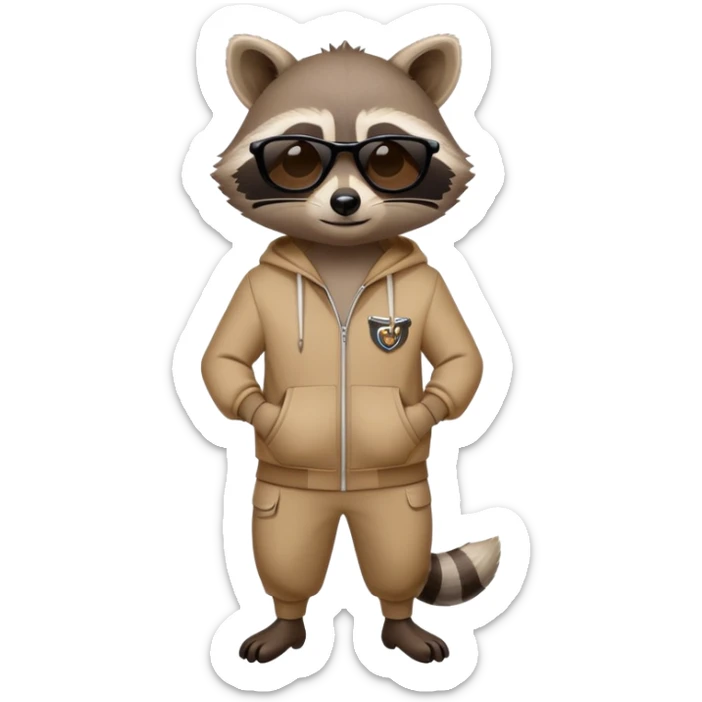 friendly anthropomorphised raccoon in a Sopranos-style mafia tracksuit, wearing dark sunglasses, confident pose sticker