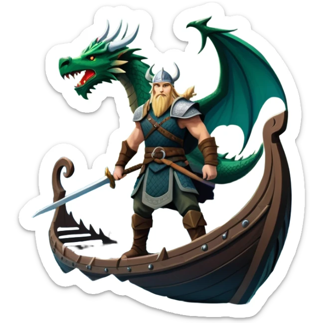 An icon representing an adventure game, inspired by Norse mythology. The design features a fierce Viking warrior standing at the prow of a dragon-headed longship, sailing through icy waters. Snow-capped mountains loom in the distance as the northern lights dance overhead, evoking a sense of conquest, mystery, and legend. Transparent background. sticker