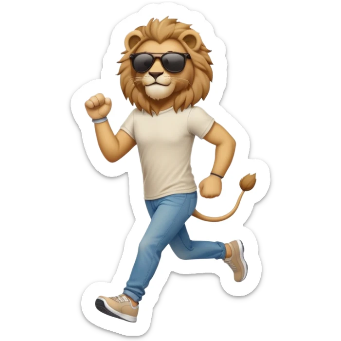 friendly anthropomorphised lion in jeans and a t-shirt, wearing dark sunglasses, jogging upright in relaxed pose sticker