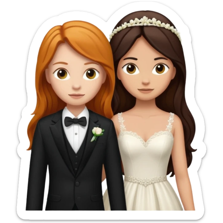 two girls getting married. one ginger with long hair in a BLACK SUIT. one DARK Haired brunette in a WEDDING dress sticker