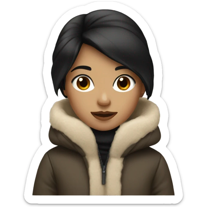 Girl with black hair with winter coat beige and white  sticker