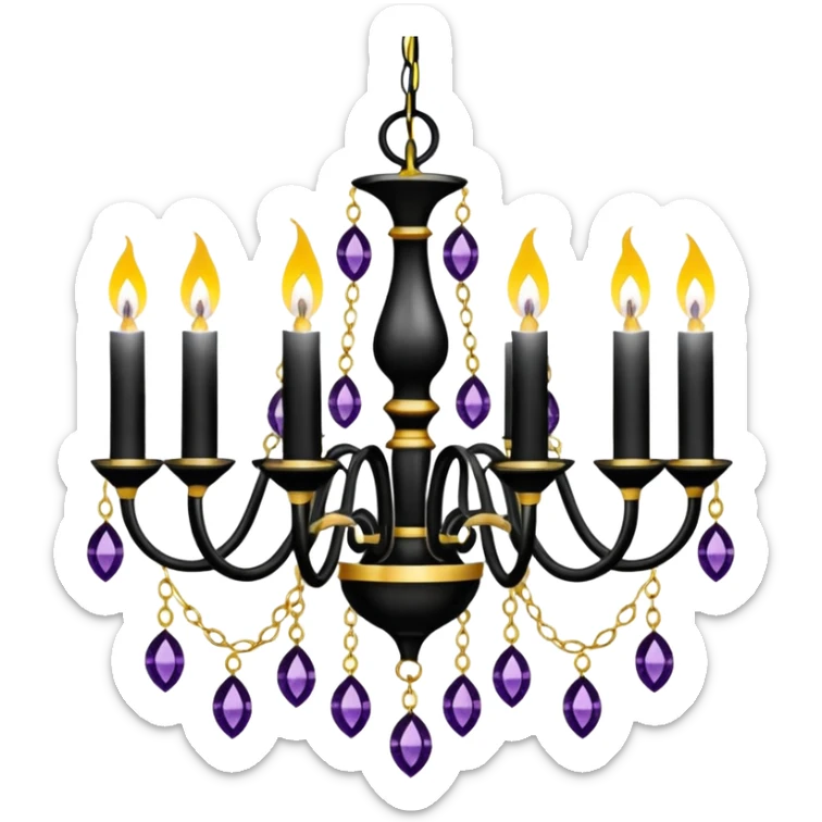 Luxurious black and white chandelier with gold and amethyst crystals, fake electric candles sticker
