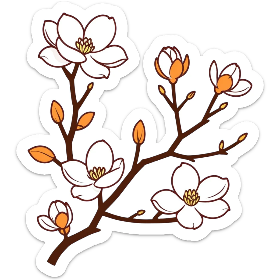 Artistic Japanese Magnolia kobus (kobushi) blossom with elegant composition reminiscent of kimono patterns, white star-shaped flowers on dark branch, gold accents, soft blue background sticker