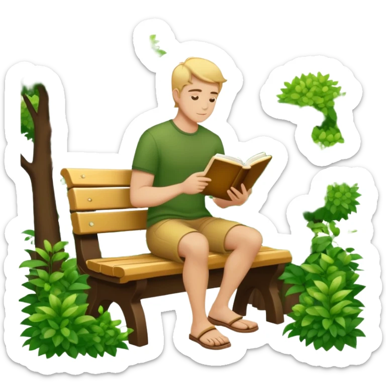 silhouette of white man sitting with book on bench surrounded by trees/bushes gold color palette sticker