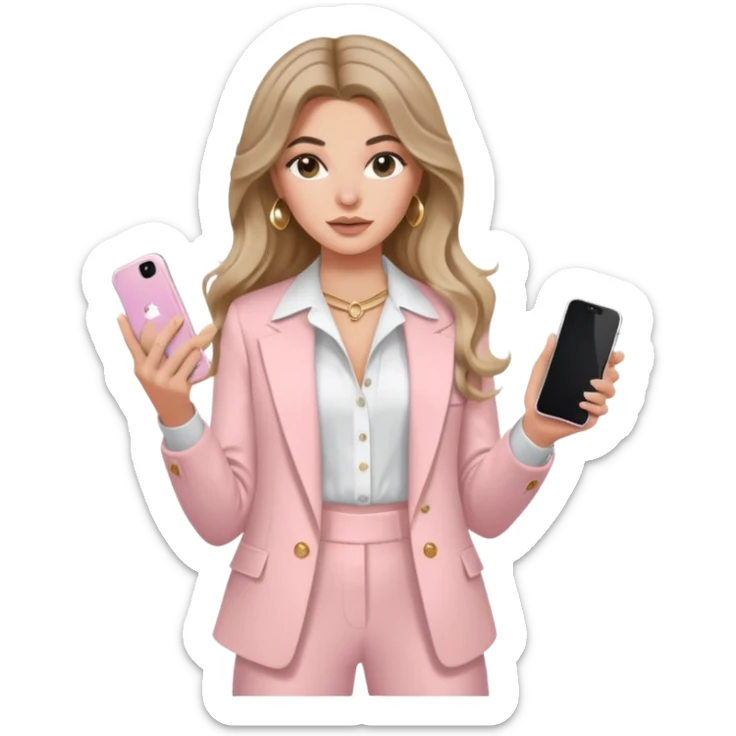 pale skin Chloe Kardashian with dark blonde wavy long Hair, light pink Spacious classical jacket, light pink palazzo Arrow pants and white blouse holding white IPhone 15 pro in the hands sticker