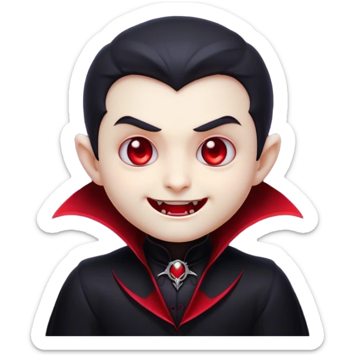 Cinematic Cute Vampire Portrait Emoji, with a refined yet playful small, rounded pale face accented by tiny, cute fangs and bright, twinkling eyes, sporting miniature elegant dark attire with a hint of crimson, simplified yet irresistibly charming, highly detailed with a soft glowing outline that captures the delightful duality of spooky sweetness and stylish allure! sticker