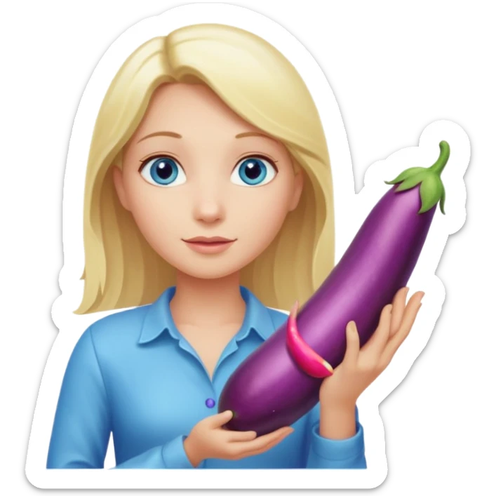 Blonde long hair girl, blue eyes, holding a long eggplant with both hands sticker