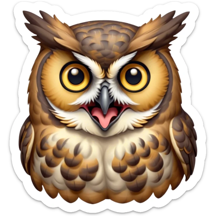 Cinematic Cute Yawning Great Horned Owl Portrait Emoji, Head tilted slightly with a dramatic, wide-open yawn, showcasing a soft, downy mottled plumage with gently drooping feathers, round golden eyes barely open in drowsy contentment, Simplified yet irresistibly adorable features, highly detailed, glowing with a soft, cozy glow, high shine, relaxed yet expressive, stylized with a touch of nocturnal whimsy, bright and endearing, soft glowing outline, capturing the essence of a sleepy yet affectionate owl, so drowsy it feels like it could glide out of the screen and curl up for a nap! sticker