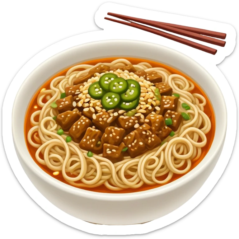Wuhan hot dry noodles with sesame paste and pickles, simplified emoji style with bold outlines and bright colors, cartoon style Hubei breakfast Re Gan Mian sticker