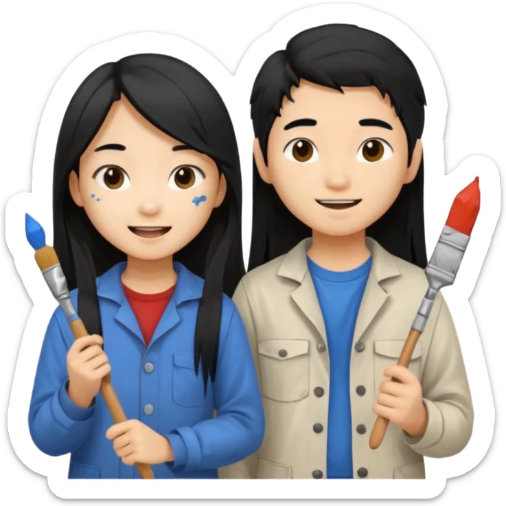 Happy Asian boy with long hair and girl messy painters sticker