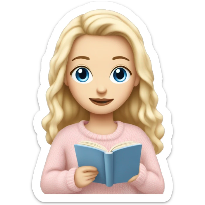 Pretty blue eyed white girl with light pink sweater reading cozy sticker