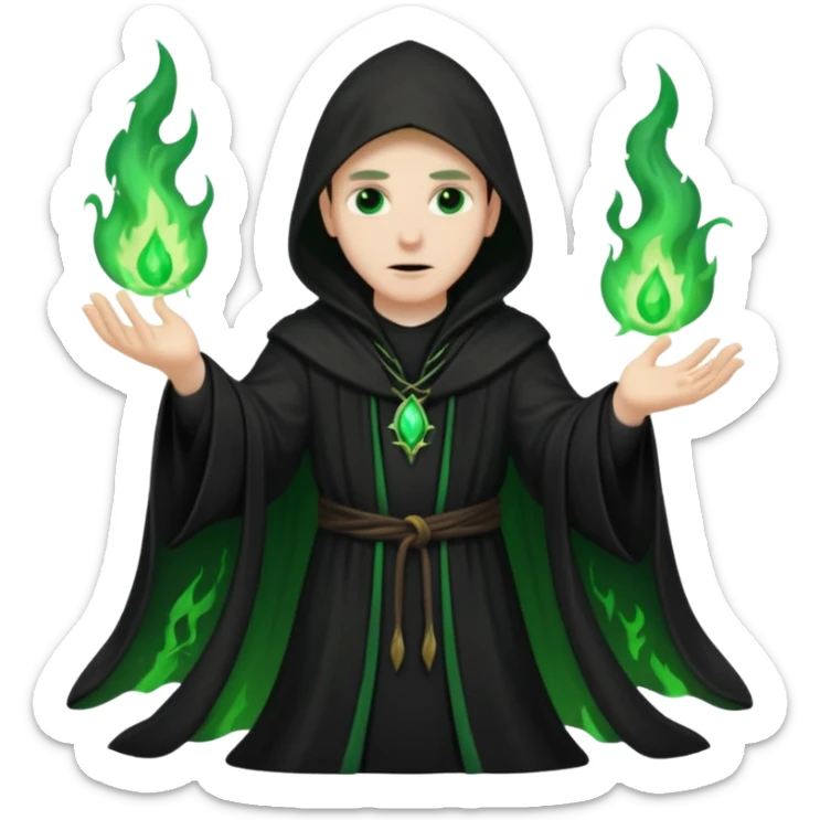 A dark sorcerer in flowing black robes, conjuring eerie green flames sticker