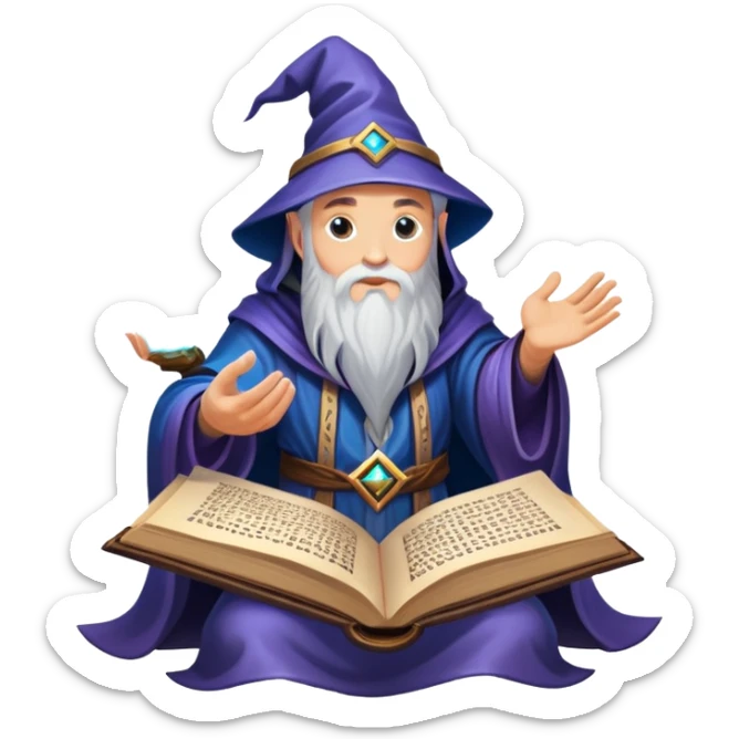 An icon representing an adventure game, inspired by mystical fantasy. The design features a wise and powerful wizard floating above an ancient spellbook, arcane runes glowing beneath him. The swirling cosmic background hints at deep magical knowledge, adventure, and untold power. Transparent background. sticker