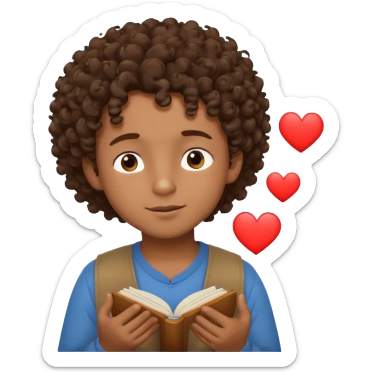 Brown boy with curly hair dreaming abouthis girlfriend small smirk on his face eyes closed with a little heart next to him sticker