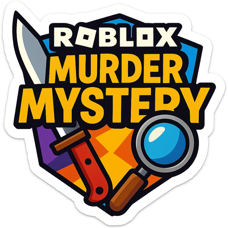Roblox Murder Mystery logo with bold text, knife and magnifying glass, vibrant toon style sticker