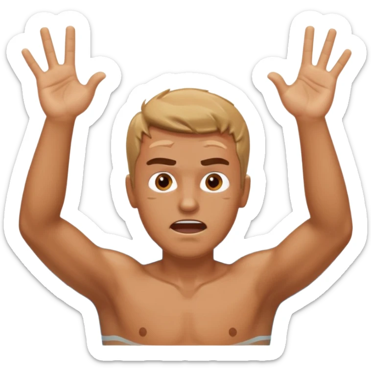 man with anger in swimming pool open arms and finger up on air sticker