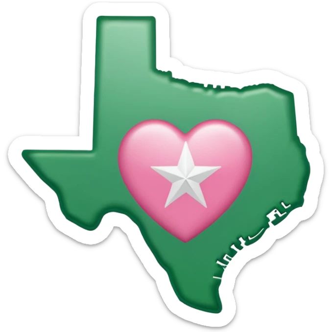 Kelly green state of Texas with small pink heart inside where hunt, Texas would be sticker