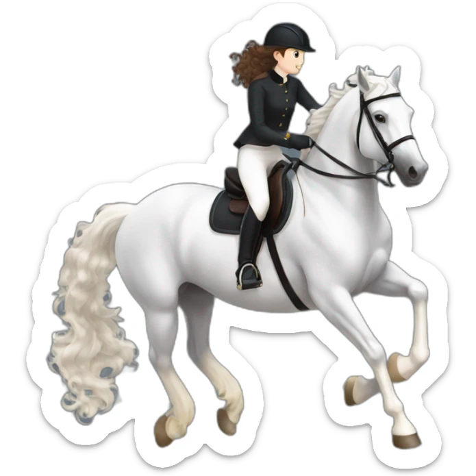 a BLACK HORSE JUMPING AN OBTACLE, THE HORSE HAS A WHITE BLAZE AND THREE WHITE SOCKS. tHE HORSES RIDER IS A YOUNG FEMALE WITH LONG CURLY BRUNNET HAIR sticker
