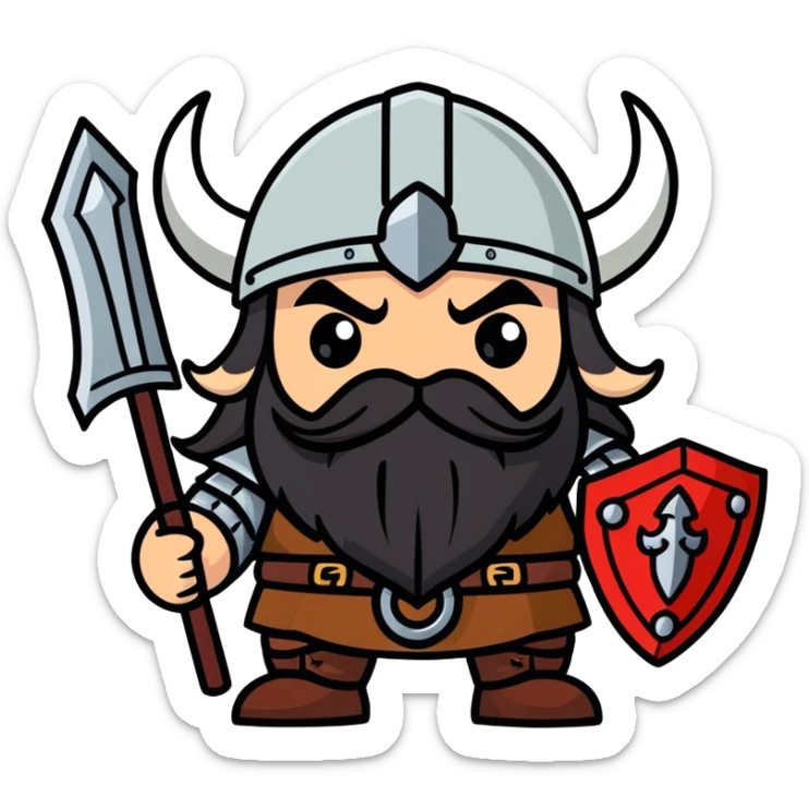 dwarf with viking helmet, red eyes, long black hair, and a black handlebar mustache sticker