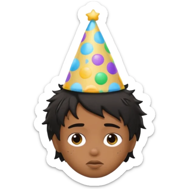 generate a pretty bratz brown skinned boy with black messy hair with a party hat. Looking sleepy sticker