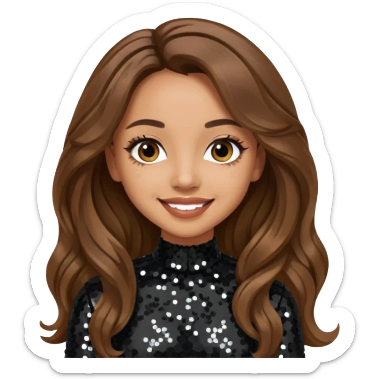 Jade Thirlwall from Little Mix with long brown hair, black sequin outfit sticker