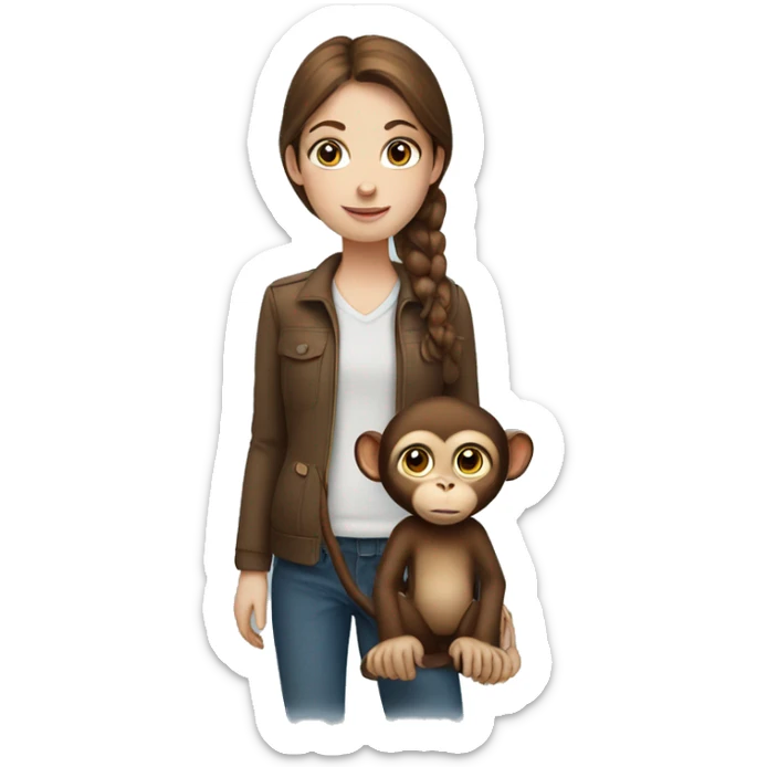 a girl with brown hair and blue eyes holding a monkey sticker
