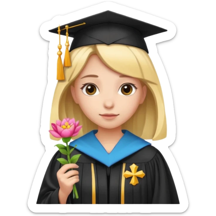 girl with a flower tiara, graduation robe, and law symbol sticker