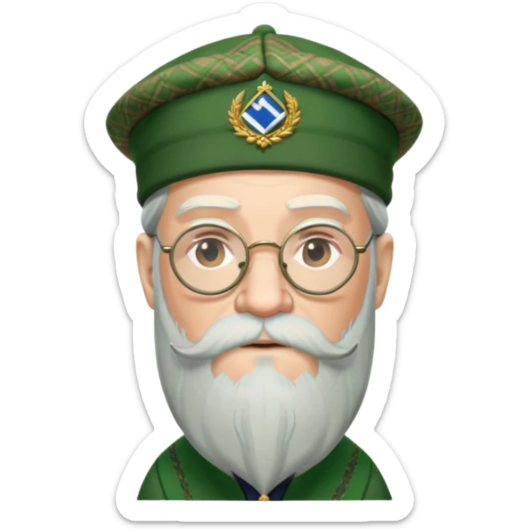 Dumbledore wear green scotland Tam o'shanter cap with decorative patterns, wear glasses, very long beard sticker