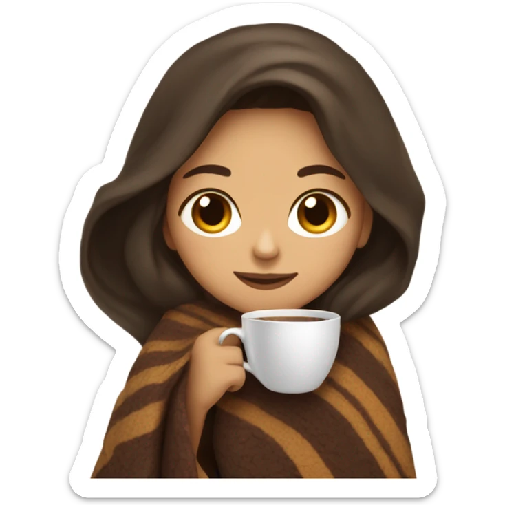 Hispanic Girl with long brunette wrapped in blanket sipping coffee sticker