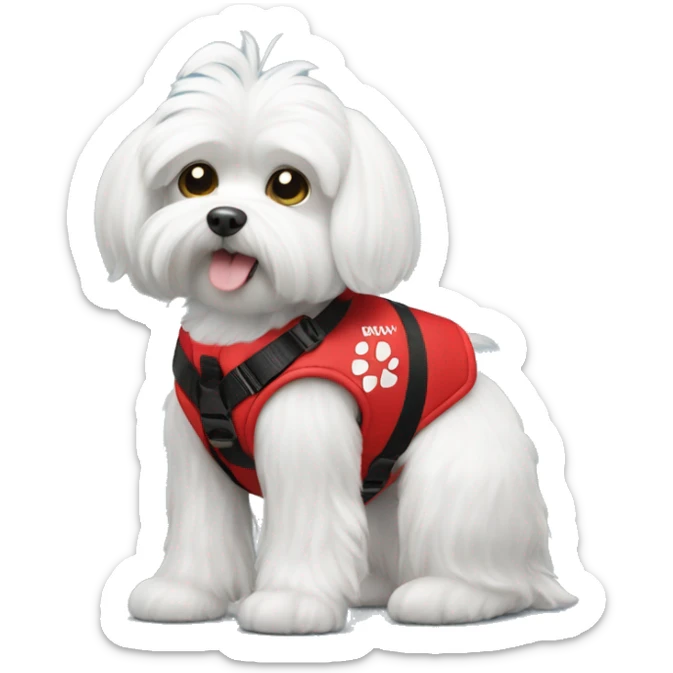 Maltese wearing a red service dog vest with to bleck straps one in the front one around the belly  sticker