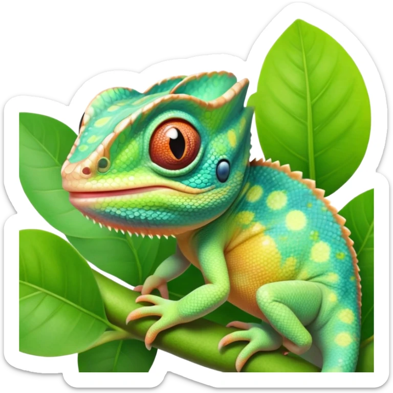 cinematic cute-smiling baby chameleon-realistic emoji,-blending-with-vibrant-greenery.-detailed-scales-in-shifting-colors,-showing-the-chameleon’s-ability-to-camouflage.-soft-natural-light-highlights-its-texture.-light-background, zoomed into its face sticker