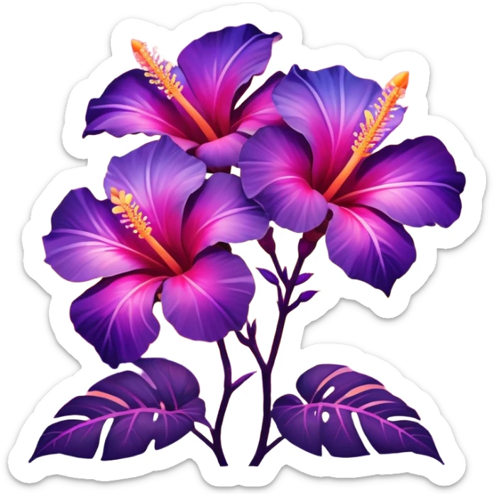 Iridescent tropical exotic beautiful pretty Purple pink and orange gradient hibiscuses sunset sunrise full scenery aesthetic deco sticker