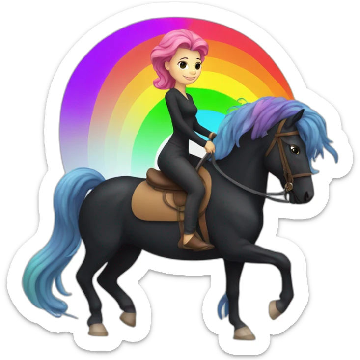 Woman with long rainbow hair riding a black walking horse sticker