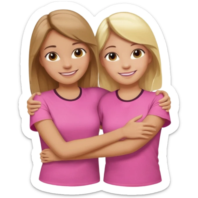 Two Girls with their arms around each other at summer camp one blonde one brown hair wearing pink shirt smiling  sticker