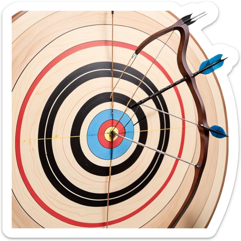 A professional recurve bow with an arrow nocked, ready to be released. The target features concentric rings, placed at a distance. The emphasis is on the bow, arrow, and target, highlighting the precision, focus, and skill involved in competitive archery. sticker