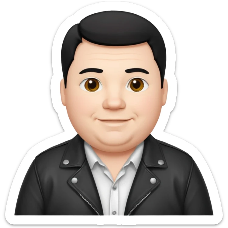 Fat white man, black hair parted in the middle to the shoulders smiling, white shirt and black jacket sticker