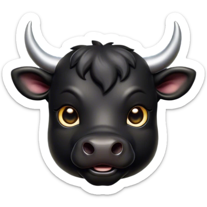 Cinematic Cute Black Bull Portrait Emoji, Head tilted playfully and inquisitively, featuring a glossy, robust black hide with a striking sheen, round, sparkling dark eyes filled with gentle curiosity, Simplified yet irresistibly adorable features, highly detailed, glowing with a warm, friendly glow, high shine, affectionate and imposing, stylized with a touch of rugged charm, bright and endearing, soft glowing outline, capturing the essence of a mischievous yet loving bull, so playful it feels like it could stomp out of the screen and into your arms! sticker