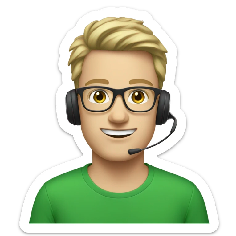 white young man with square glasses and blue eyes wearing green t-shirt with laptop and headset sticker
