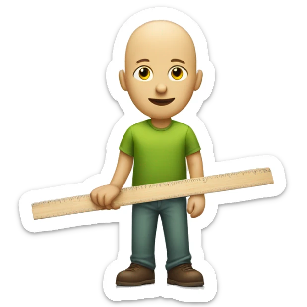 Yellow bald guy wearing green shirt holding a wooden ruler red lips. sticker
