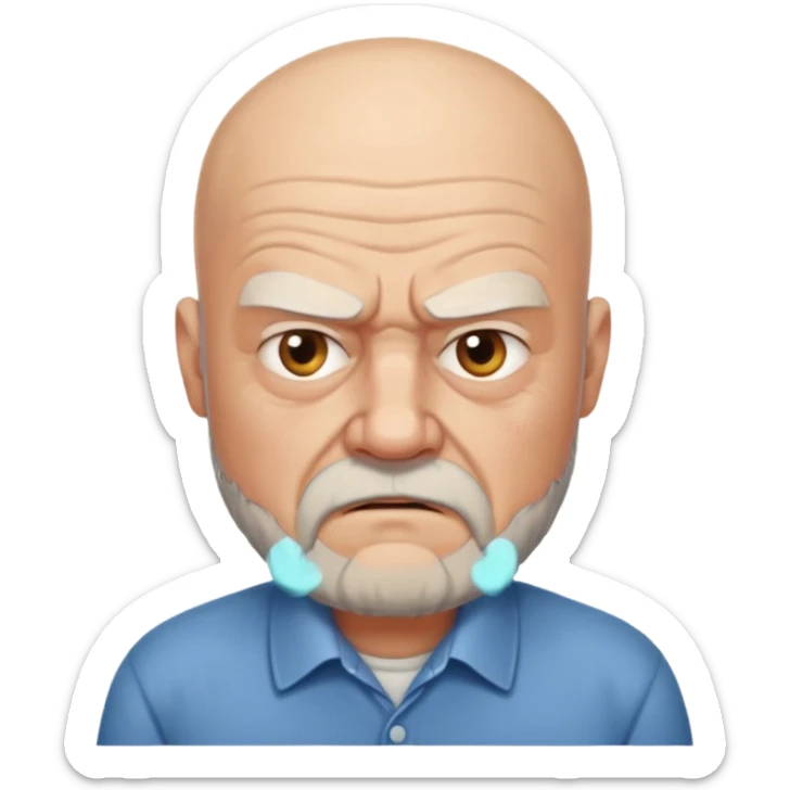 a portrait of angry elderly man, bald head, beard, wearing shirt sticker