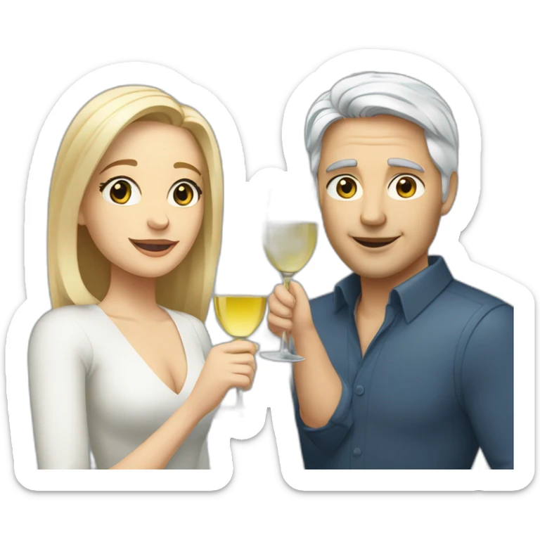 A white woman with brown eyes and blond medium long hair and a white man with blue eyes and grey hair, toasting with a glass of white wine sticker