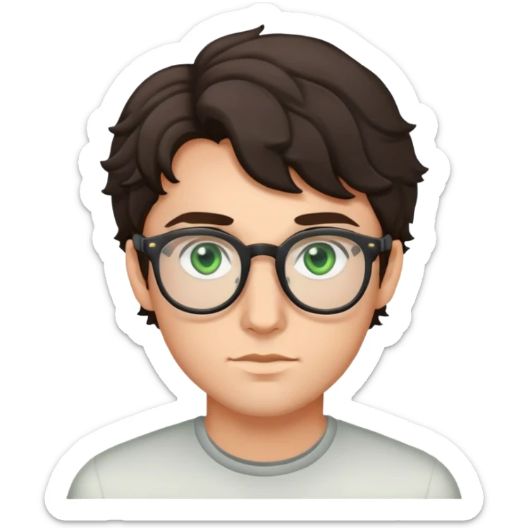 young man with dark slightly curled hair wearing glasses with green eyes sticker