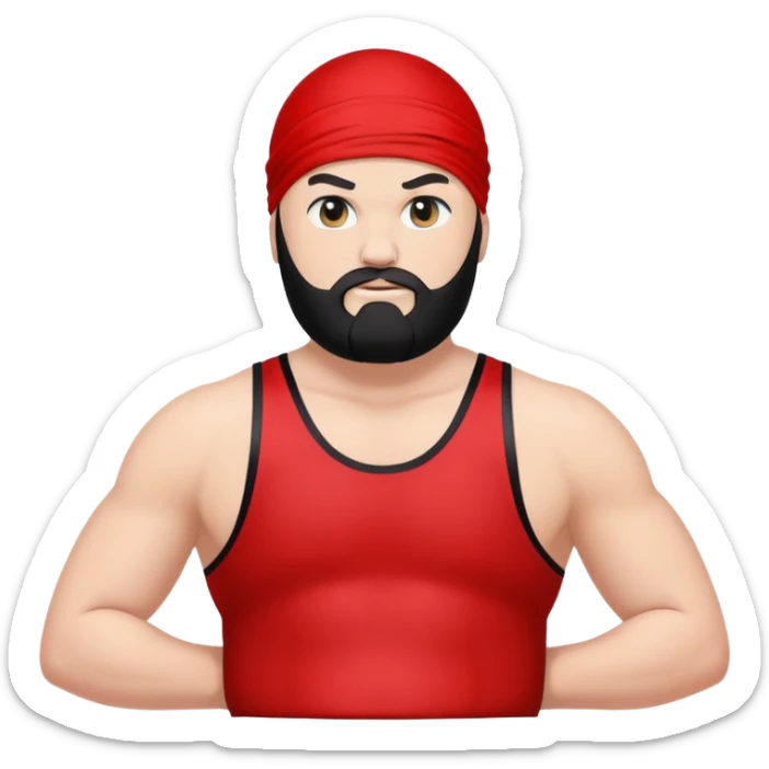 White skin fat guy with black durag, black beard, and black eyes in a red and black wrestling singlet sticker