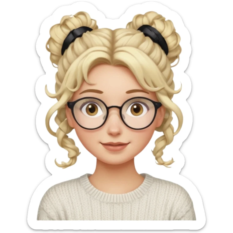 blonde hazel eyes woman with a white cable knit sweater and clear glasses on her head and a curly messy bun with tendrils of hair flowing down her face and she is happy pale, some freckles, blush. she has a cateye wing and long lashes sticker
